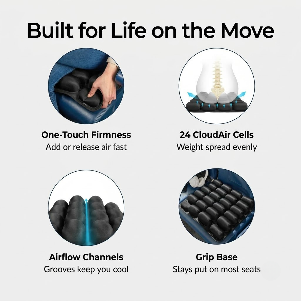 One-touch firmness, 24 CloudAir cells, airflow channels and grip base