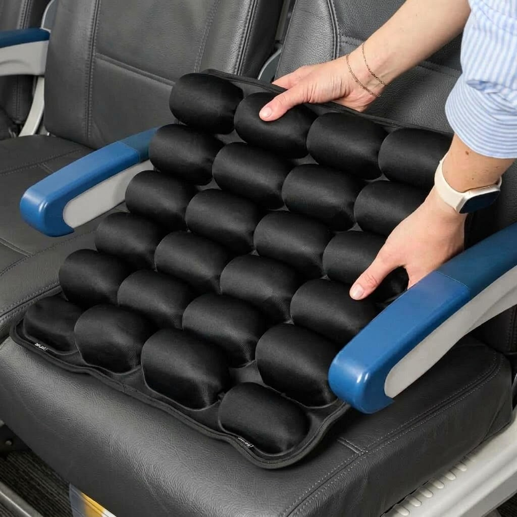 Travel cushion being placed on an airplane seat