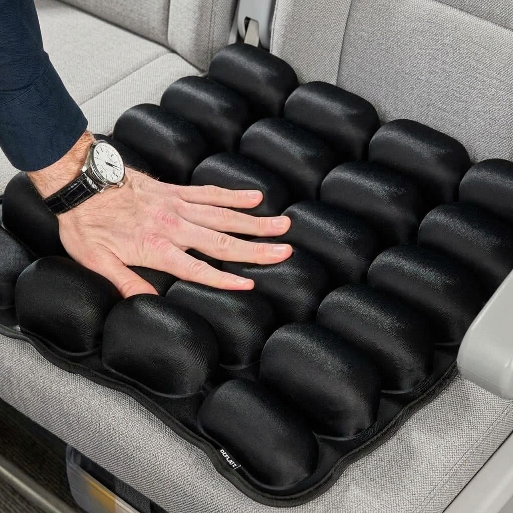 Hand pressing the air cells of the travel cushion