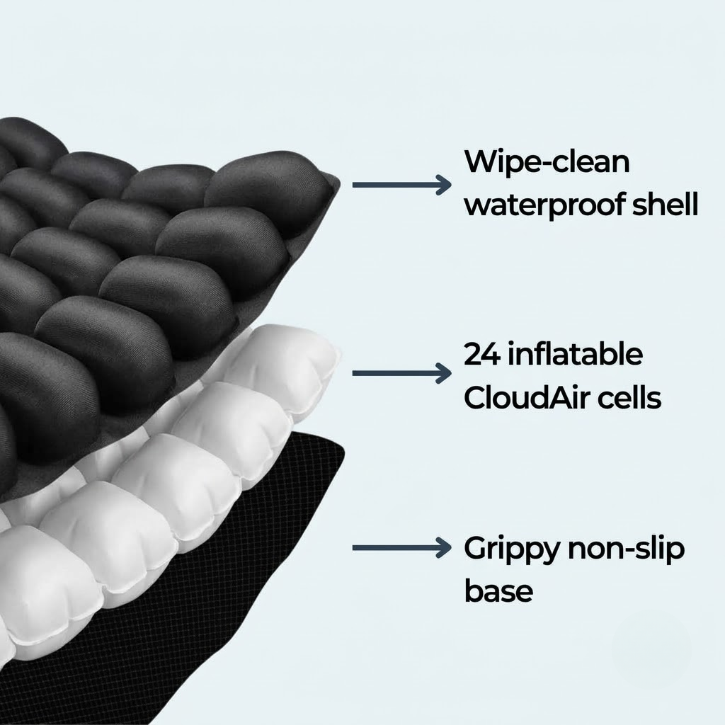 Waterproof shell, 24 inflatable air cells and non-slip base